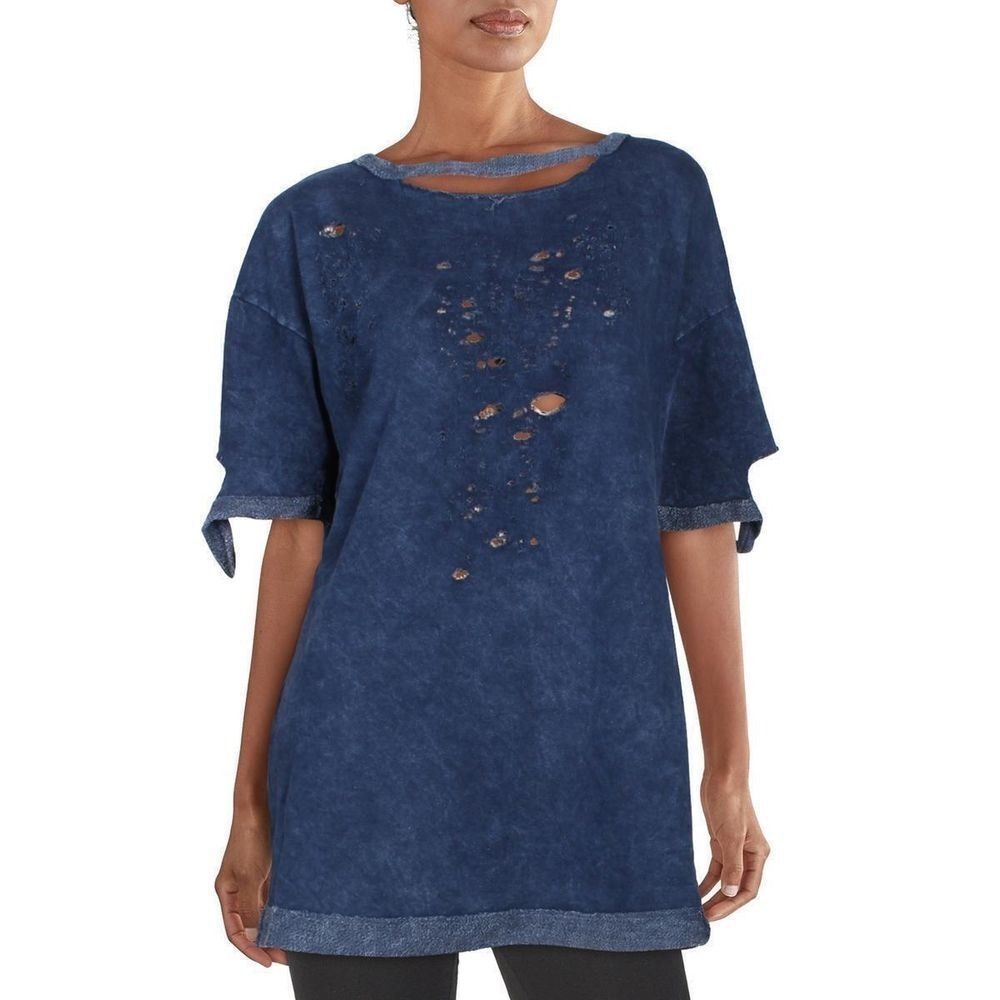 Maronie Tunic Womens Medium Blue Denim Distressed Short‎ Sleeve Cut Out Casual